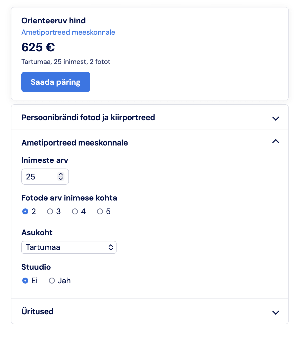 Fototeenuste hinnakalkulaatori ekraanitõmmis