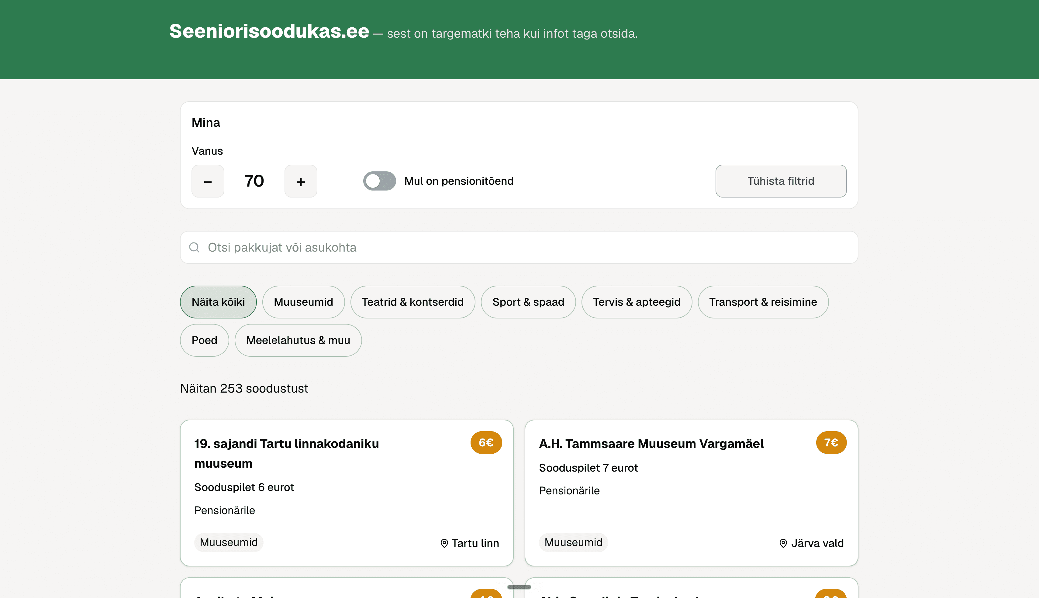 Seeniorisoodukas.ee kodulehe ekraanitõmmis
